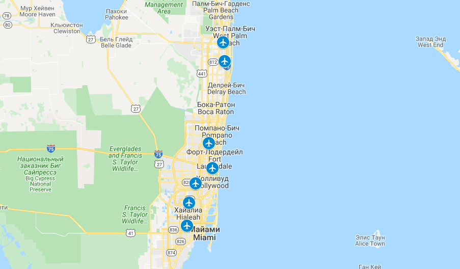 Карта аэропортов Флориды