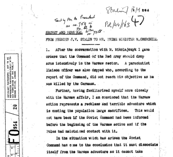 письмо Сталина Черчиллю 16 августа 1944 г