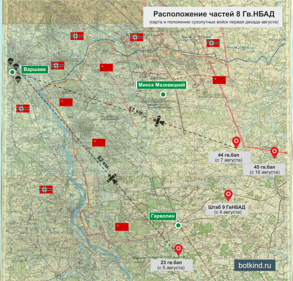 Карта расположения аэродромов советских частей под Варшавой